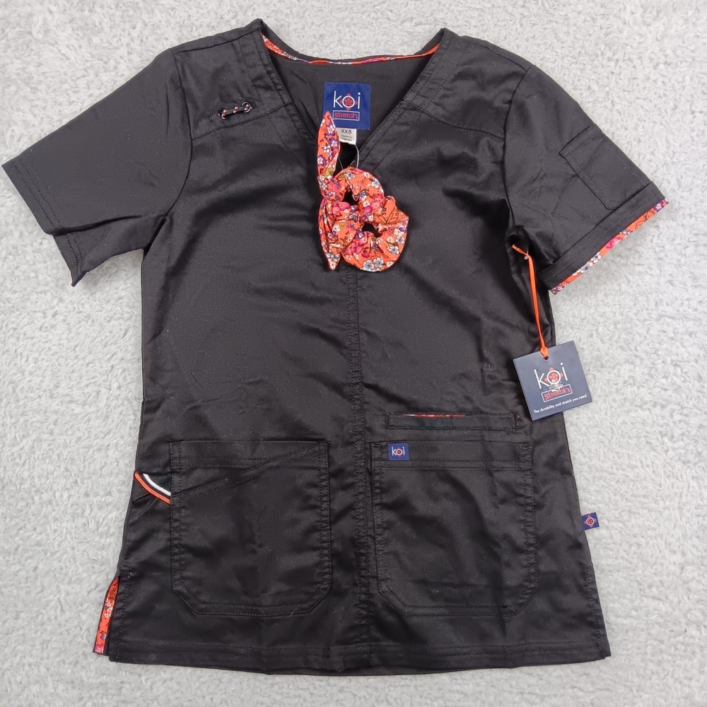 Koi Scrub Top Stretch XXS Black Floral Trim V-Neck Short Sleeve 1043‎